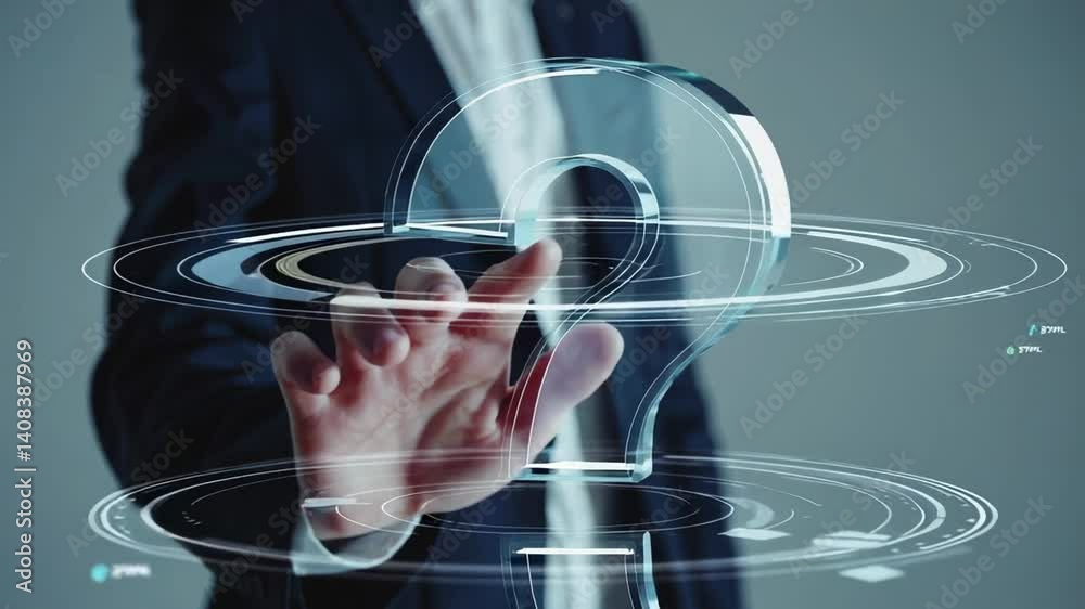 Aufkleber Businessman in a suit interacts with a holographic question mark, symbolizing decision making, problem solving, and seeking answers in a professional context