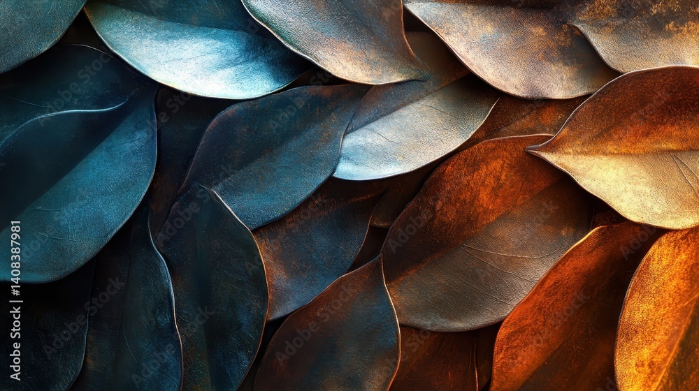 Poster intricate patterns of metallic leaves shimmering in twilight, showcasing the beauty of nature and ar