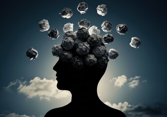 Silhouette of a head with crumpled paper balls symbolizing abstract ideas and thoughts.