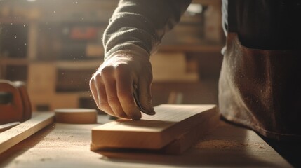 Carpenter sanding wood at a construction site. Featuring attention to detail and craftsmanship
