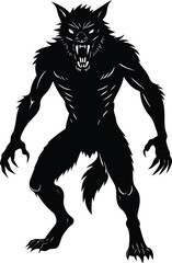 Fototapeta premium Silhouette of a Werewolf in a Fearsome Stance Displaying Sharp Teeth and Claws