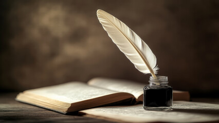 Feather quill in an inkwell next to an open book. Vintage writing tools and literature.