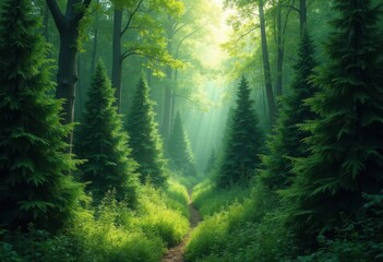 Obraz premium Forest Trail with Sunlight Filtering Through Trees