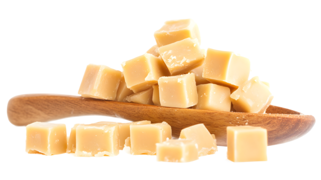 A spoonful of creamy, yellow, and crumbly cheese. The spoon is wooden, and the cheese is piled on top of it