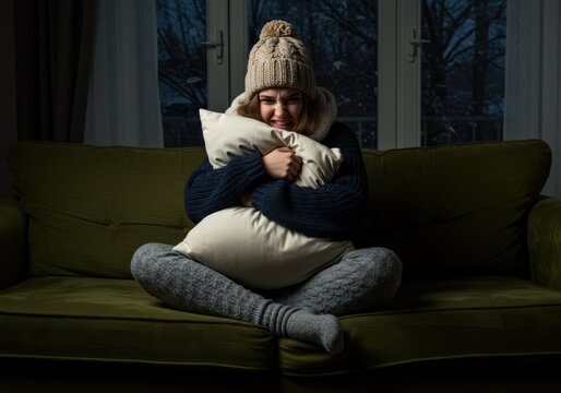 Woman at home embraces a pillow, bundled up against the cold in a cozy, winter setting.