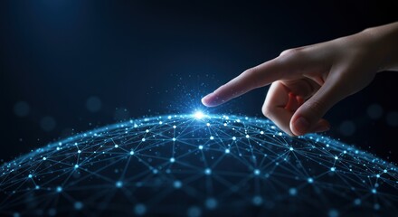 Hand touches glowing network sphere against a dark blue background.