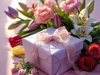 A beautifully wrapped gift with a delicate pink ribbon, surrounded by vibrant and fresh flowers.