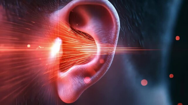 Sound waves entering human ear canal, interacting with eardrum and cochlea, visualized with light beams and particles, simulating hearing process and auditory perception
