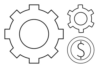 Three outlined shapes featuring two gears and a dollar sign in a circular frame. Ideal for finance, technology, process optimization, productivity, management, teamwork, simple landing page