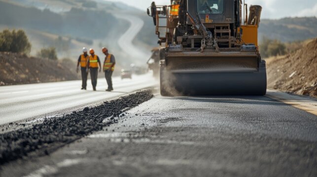 A road construction crew laying asphalt on a busy highway. Featuring teamwork and infrastructure