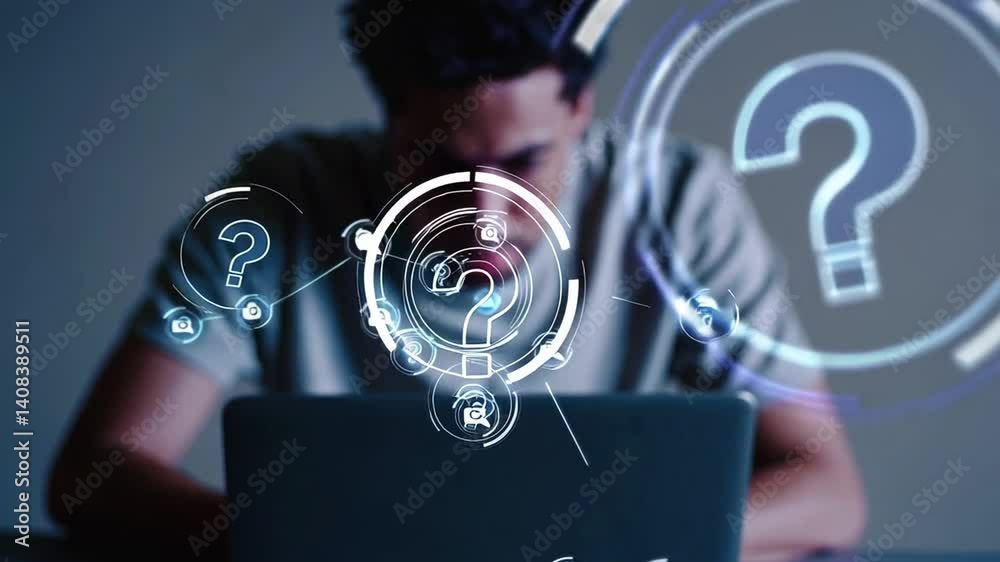 Aufkleber Digital composite of a programmer working on a laptop with animated question marks and icons floating around his head, symbolizing his search for solutions and problem solving process