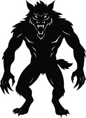Silhouette of a Werewolf in a Fearsome Stance Displaying Sharp Teeth and Claws