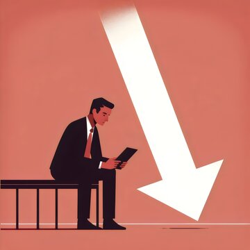 A businessman sits alone on a bench, fixated on his tablet, as a massive white arrow plummets toward the ground behind him