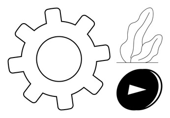 Gear for process, play button for action, abstract plant shape for creativity. Ideal for teamwork, productivity, workflow, innovation, growth, technology simple landing page