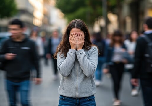 A concerned young woman hides her face in a bustling street, possibly feeling anxious or stressed.