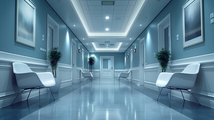 Obraz premium Modern Hospital Corridor Serene Blue Interior, Peaceful Healthcare Design.