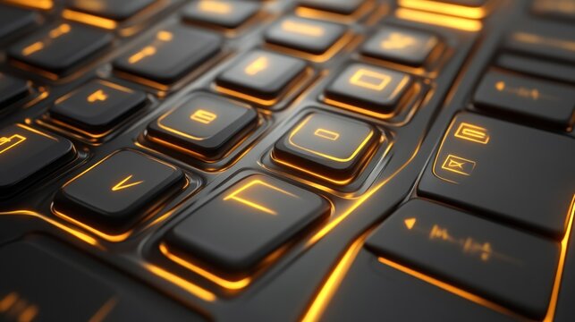 Closeup of illuminated keyboard keys glowing orange accents futuristic design