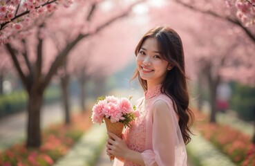 Obraz premium Young woman smiles in garden holding flowers in waffle cone. Happy Asian girl enjoys blooming flowers, trees. Portrait of beautiful female model in park during springtime.