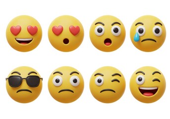 A diverse set of 3d rendered yellow emoji faces showcasing various human feelings.