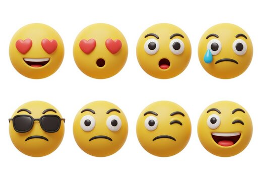 A diverse set of 3d rendered yellow emoji faces showcasing various human feelings.