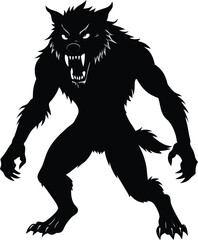 Fototapeta premium Silhouette of a Werewolf in a Fearsome Stance Displaying Sharp Teeth and Claws