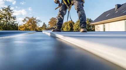 A roofing specialist securing waterproof underlayment on a house. Featuring protection and precision