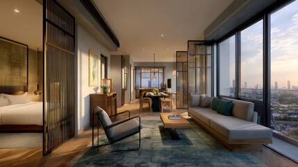 Luxury open-plan suite with retractable screens --ar 16:9 --v 7 Job ID: 051f7c9a-2669-46c0-ba19-ec9f2257f1d5