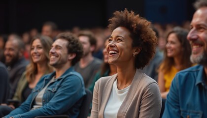 Group of smiling people at church conference. Attendees share stories, experiences, fellowship, community faith. Positive atmosphere, celebration event featuring generative AI banner, inspiring