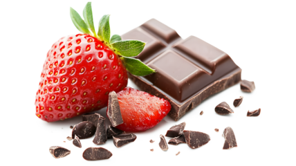 A chocolate bar and a strawberry are on a white background. The chocolate bar is broken into pieces and scattered around the strawberry