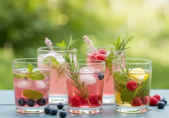 Refreshing summer drinks with berries and herbs, sparkling beverages for party, celebrations and special occasions, cocktails for menu or seasonal promotions
