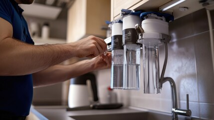 Plumber replacing a water filtration system in a kitchen. Featuring technical expertise and care