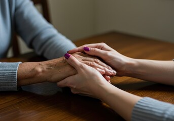 Hands holding in a gesture of support and comfort, showing a connection between generations.