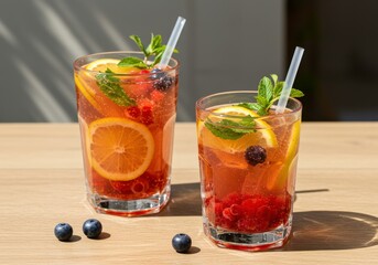 Fototapeta premium Refreshing berry lemonade drink with mint and lemon in summer sun. Detox fruit infused sparkling water for healthy lifestyle, refreshment menu and diet concepts.