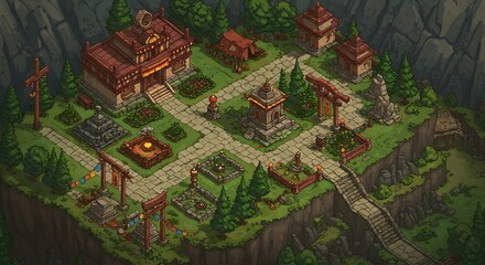Fototapeta premium Isometric Asian Village Scene with Temple and Mountains