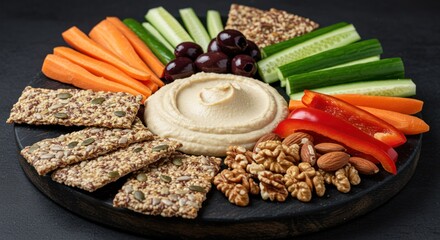 Hummus with vegetables crackers and nuts arranged on a dark round platter.
