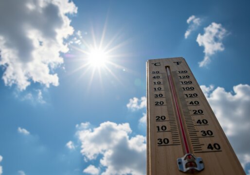 A thermometer indicates high temperatures on a sunny day with clouds in the clear blue sky.