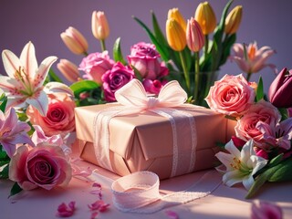 A beautifully wrapped gift with a delicate pink ribbon, surrounded by vibrant and fresh flowers.