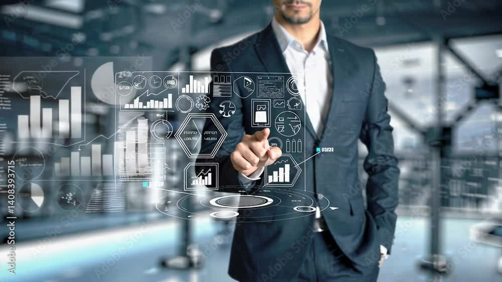 Poster Businessperson navigating futuristic holographic interface with data visualizations, charts, and question mark, representing technological decision making and problem solving strategies