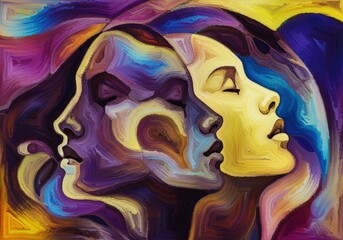 Fototapeta premium A vibrant, abstract artwork of three faces merged together with rich colors.