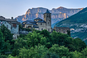 Torla, a mountain village perched on a hilltop in the Aragonese Pyrenees. In Ordesa and Monte Perdido natural park, Huesca, Aragon, Spain.