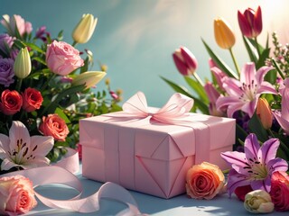 A beautifully wrapped gift with a delicate pink ribbon, surrounded by vibrant and fresh flowers.