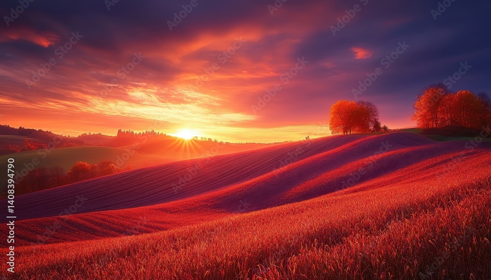Poster Vibrant sunset over rolling hills with colorful fields and trees illuminated by the evening light in a serene countryside landscape
