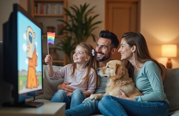 Gay couple with their daughter and dog watch TV on sofa. Little girl holds gay pride flag, smiling. Family spends time together at home. Domestic life, relationships.