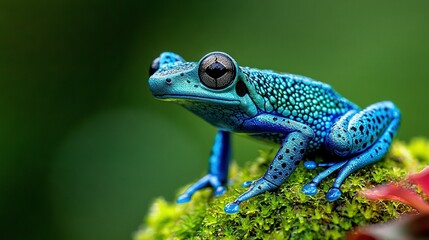   A focused image of a blue frog resting on a moss-covered surface with a black speck in its eye