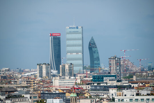 View of the Milan skyline, roofs and skyscrapers of the city. In the background CityLife area with the three tower skyscrapers