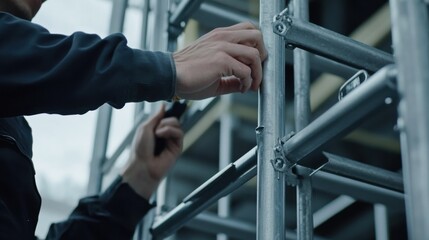 Construction worker assembling scaffolding at a building site. Featuring teamwork and precision