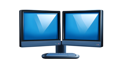 Dual Monitor Setup with Blue Screens and Keyboard for Modern Workspaces
