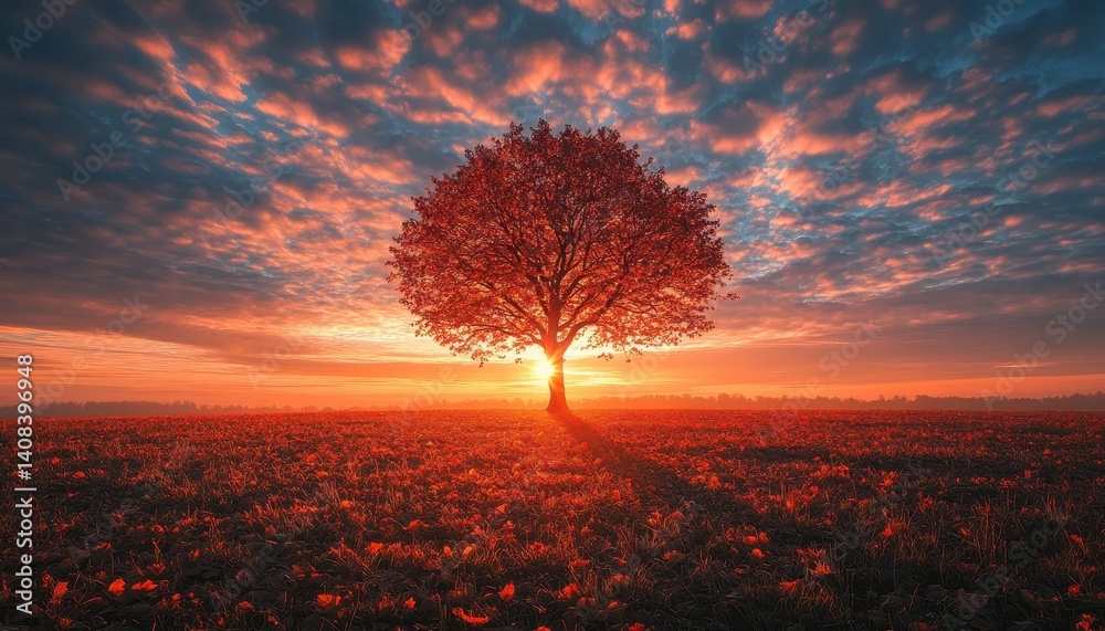 Poster Vibrant sunset over rolling hills with colorful fields and trees illuminated by the evening light in a serene countryside landscape