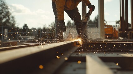 Naklejka premium Construction worker cutting metal beams at a building site. Featuring precision and focus