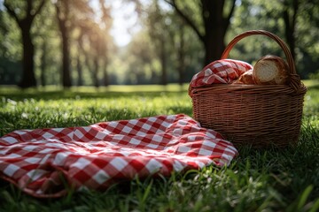 Basket and picnic blanket set in a serene sunny park